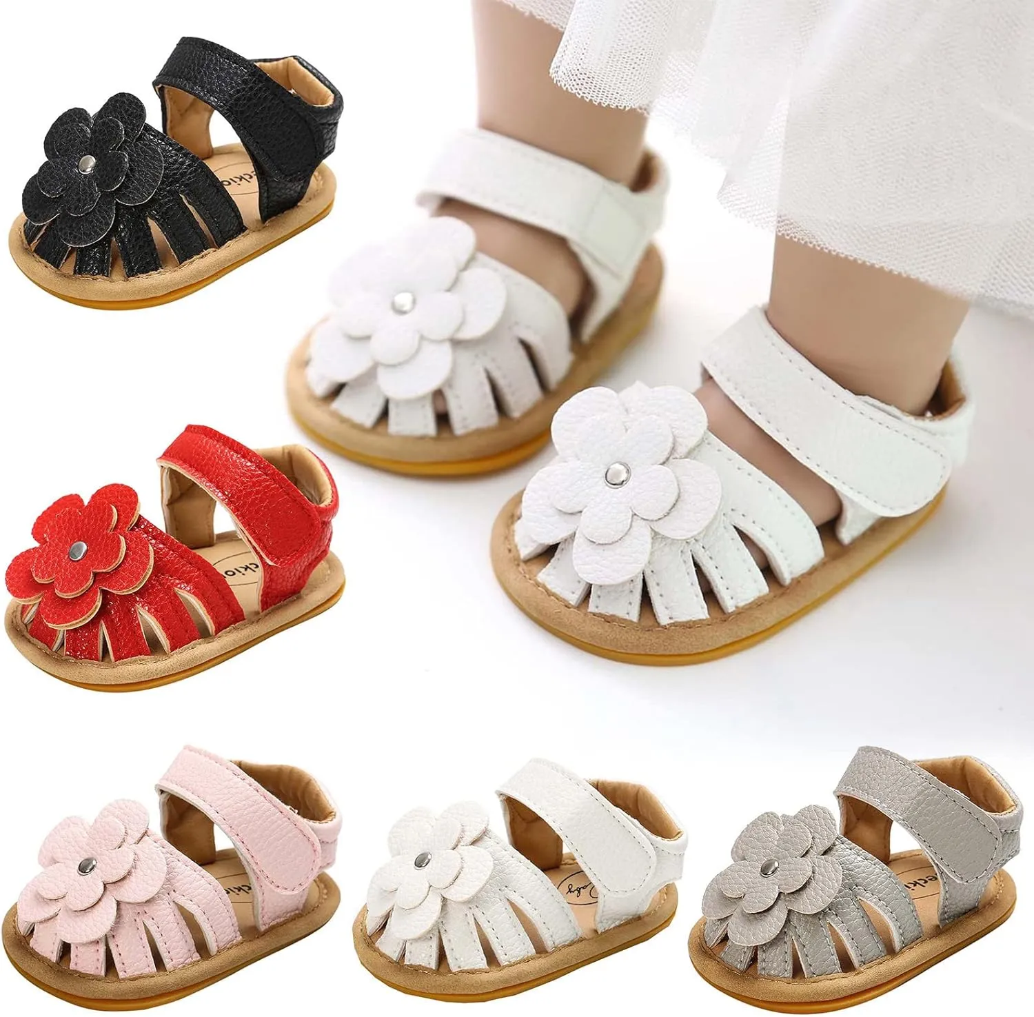Infant Baby Girl PU Leather Flowers Sandals Soft Closed Toe Summer Princess Dress Shoes Toddler Prewalker Flats