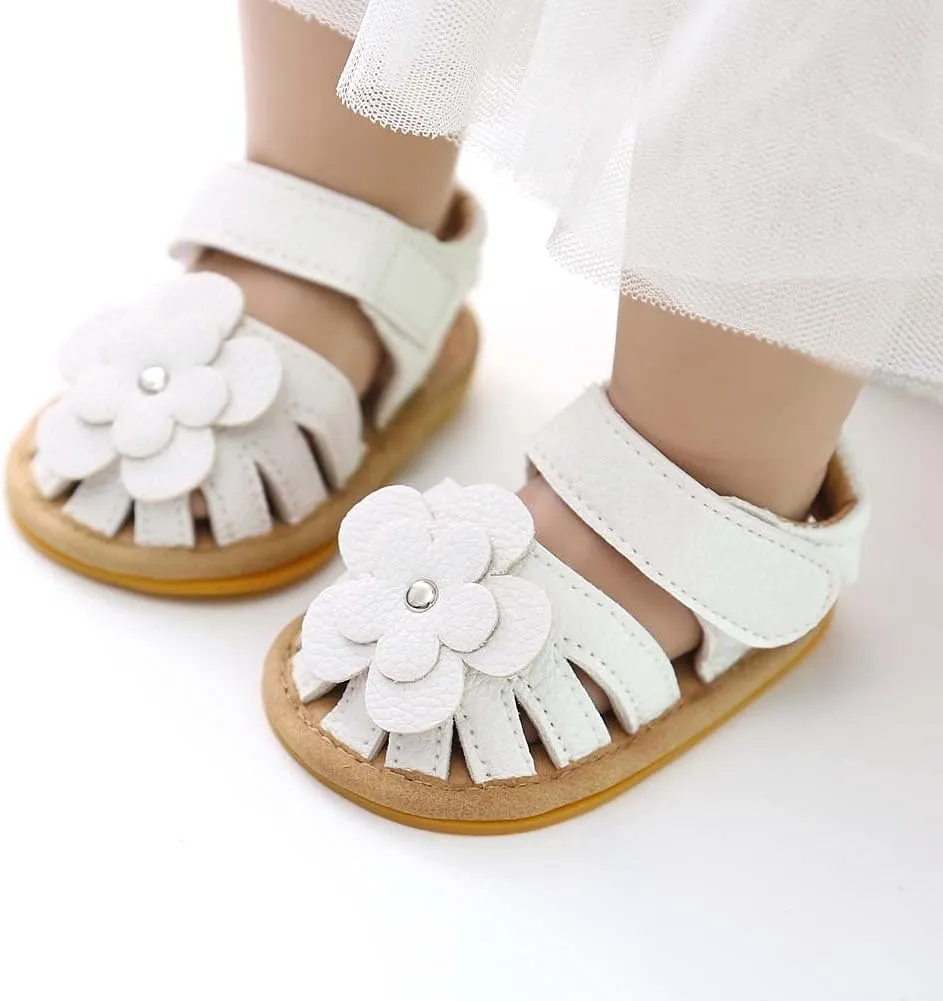 Infant Baby Girl PU Leather Flowers Sandals Soft Closed Toe Summer Princess Dress Shoes Toddler Prewalker Flats