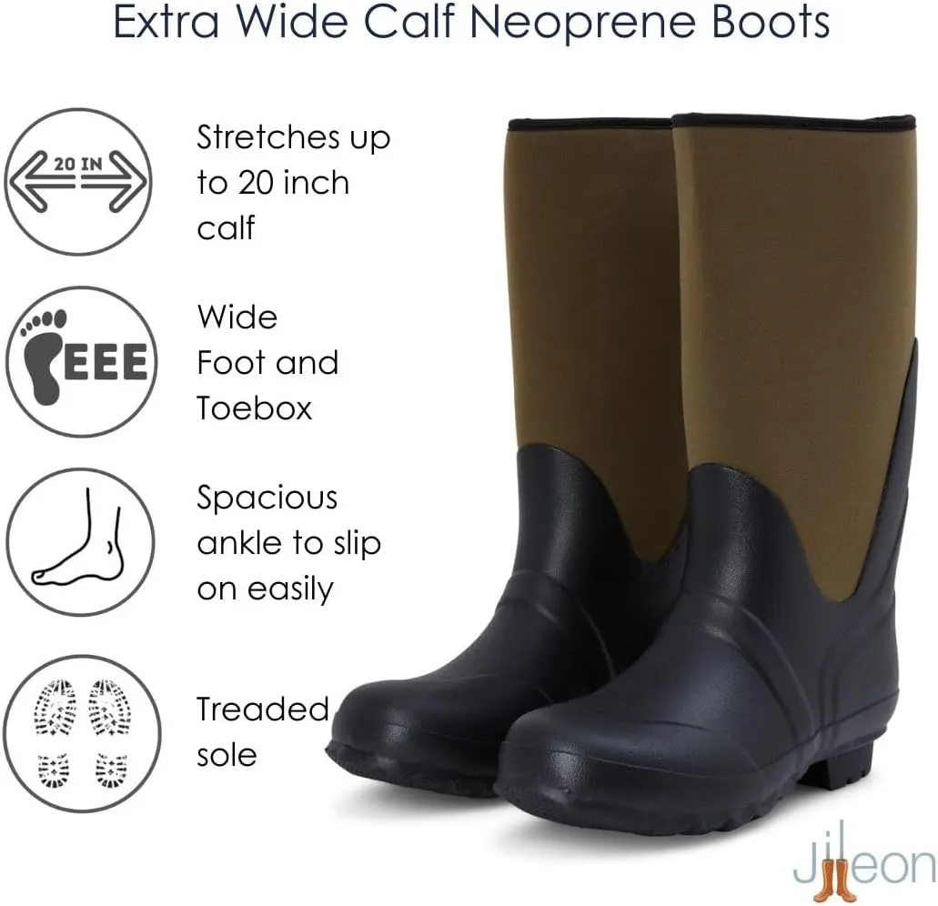 Jileon Wide Fit Rain Boots for Men & Women - up to 20 inch Calf - Warm Waterproof Flexible Neoprene - Wide in Foot and Calf