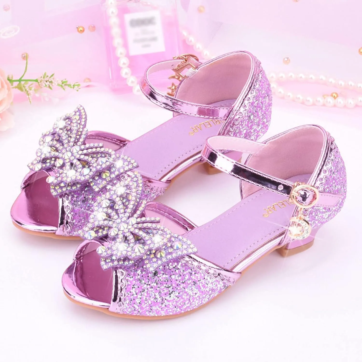 Kids Girls Crystal Party Wedding Sandals Low Heels Princess Open Toe Bow Formal Dress Shoes with Ankle Strap
