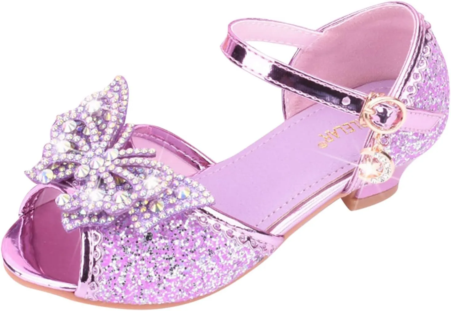 Kids Girls Crystal Party Wedding Sandals Low Heels Princess Open Toe Bow Formal Dress Shoes with Ankle Strap