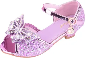 Kids Girls Crystal Party Wedding Sandals Low Heels Princess Open Toe Bow Formal Dress Shoes with Ankle Strap
