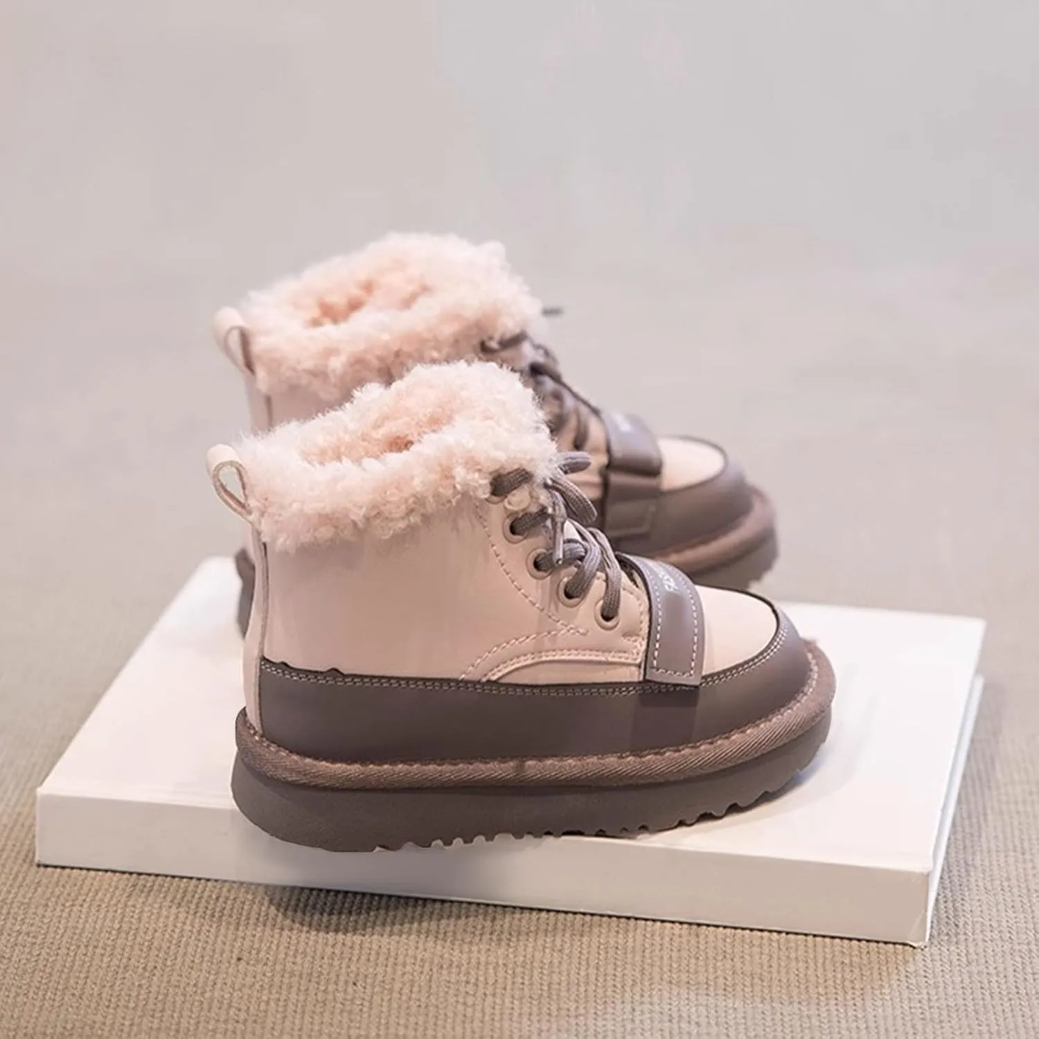 Kids Girls Fleece Winter Ankle Boots Lace-up Cute Soft Rubber Bottom Vintage Plush Warm Comfortable Snow Shoes