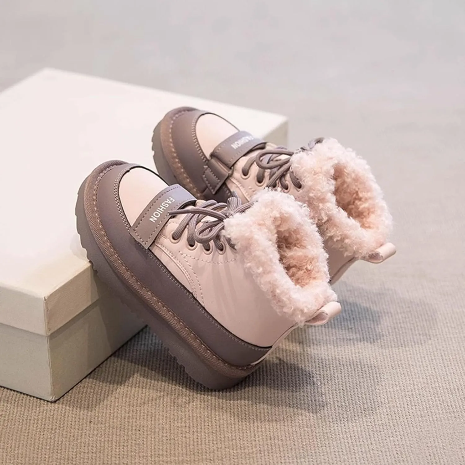 Kids Girls Fleece Winter Ankle Boots Lace-up Cute Soft Rubber Bottom Vintage Plush Warm Comfortable Snow Shoes