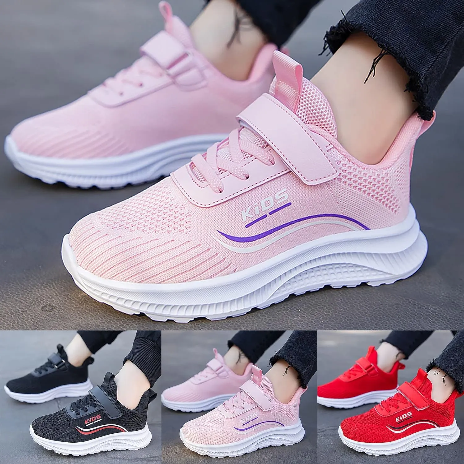 Kids Running Shoes Lightweight Breathable Adjustable Strap Elastic Soft Sole Anti Slip Fashion Athletic Shoes