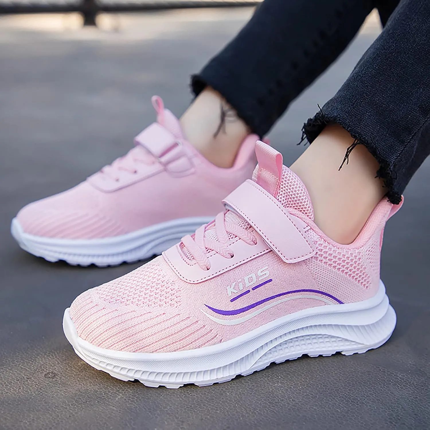 Kids Running Shoes Lightweight Breathable Adjustable Strap Elastic Soft Sole Anti Slip Fashion Athletic Shoes