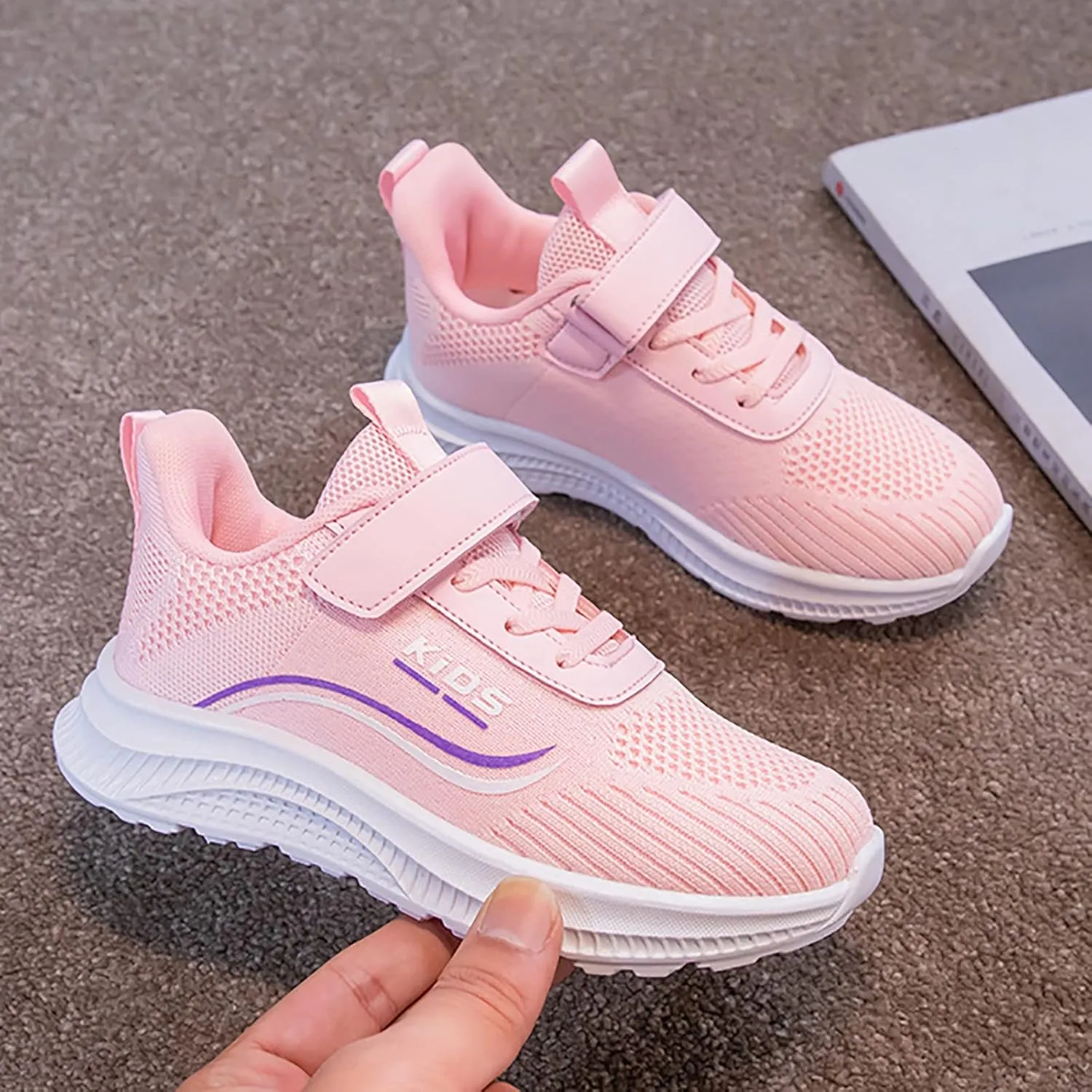 Kids Running Shoes Lightweight Breathable Adjustable Strap Elastic Soft Sole Anti Slip Fashion Athletic Shoes