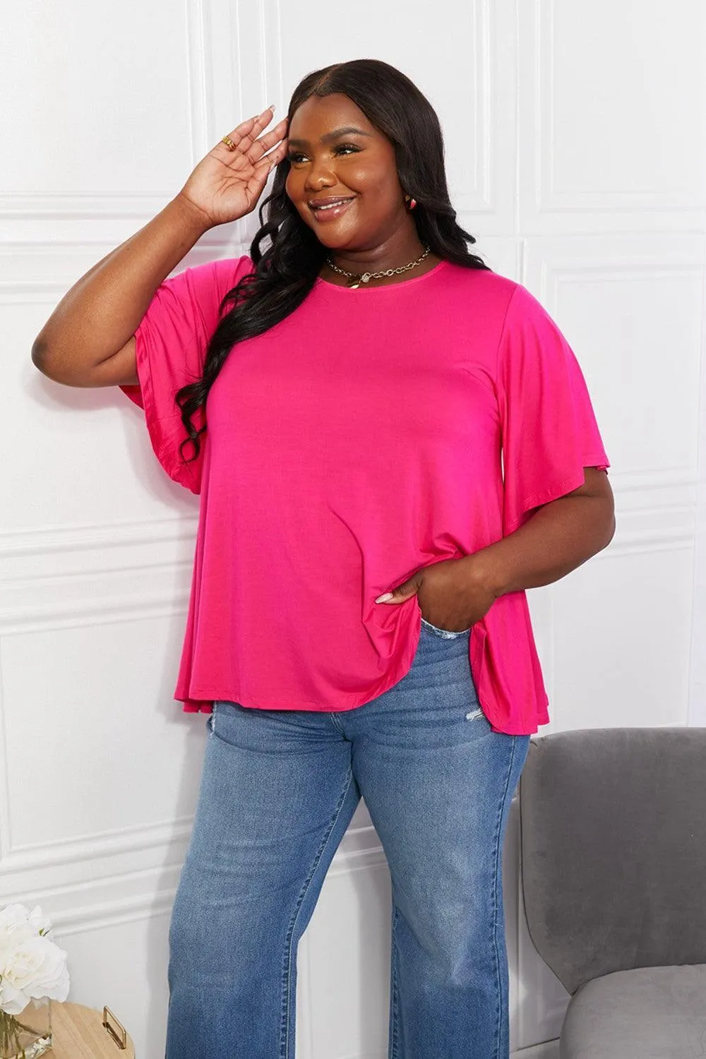 Lighten Your Day Hot Pink Plus Size Flutter Sleeve Top