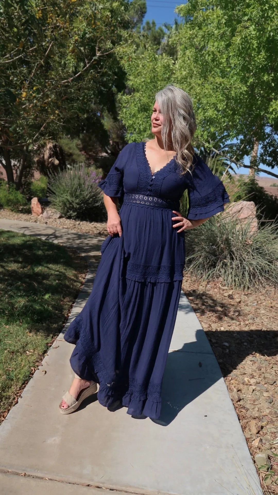 Meet Me In Paris Navy Lace Trim Maxi Dress