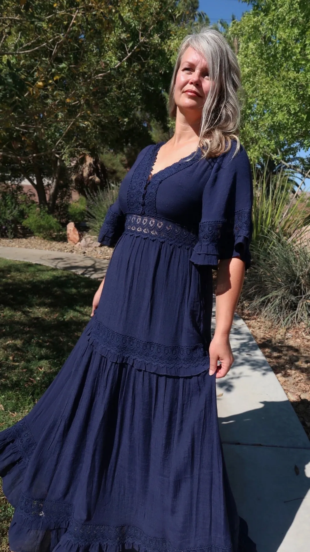 Meet Me In Paris Navy Lace Trim Maxi Dress