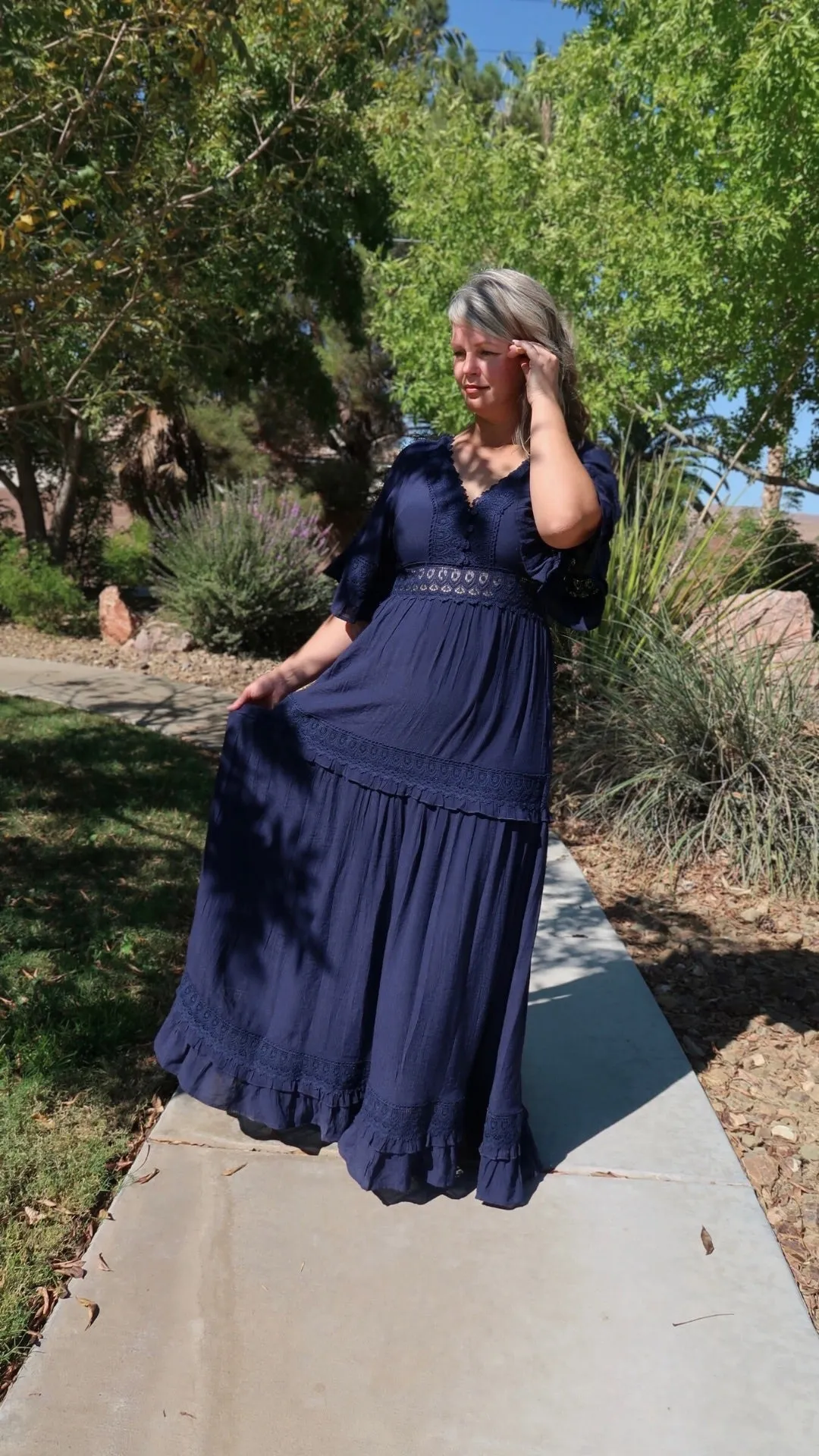 Meet Me In Paris Navy Lace Trim Maxi Dress