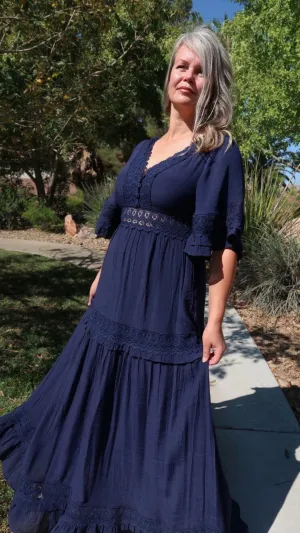 Meet Me In Paris Navy Lace Trim Maxi Dress