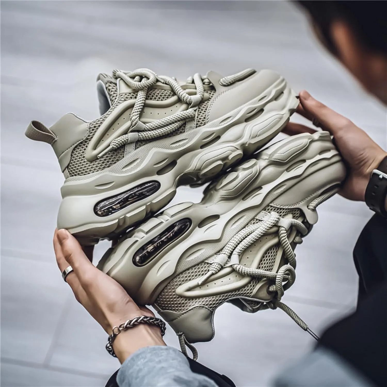 Men's Fashion Breathable Mesh Air Cushion Leather Lace Up Chunky Platform Sneakers Casual Non Slip Round Toe Driving Walking Tennis Running Dad Sneakers