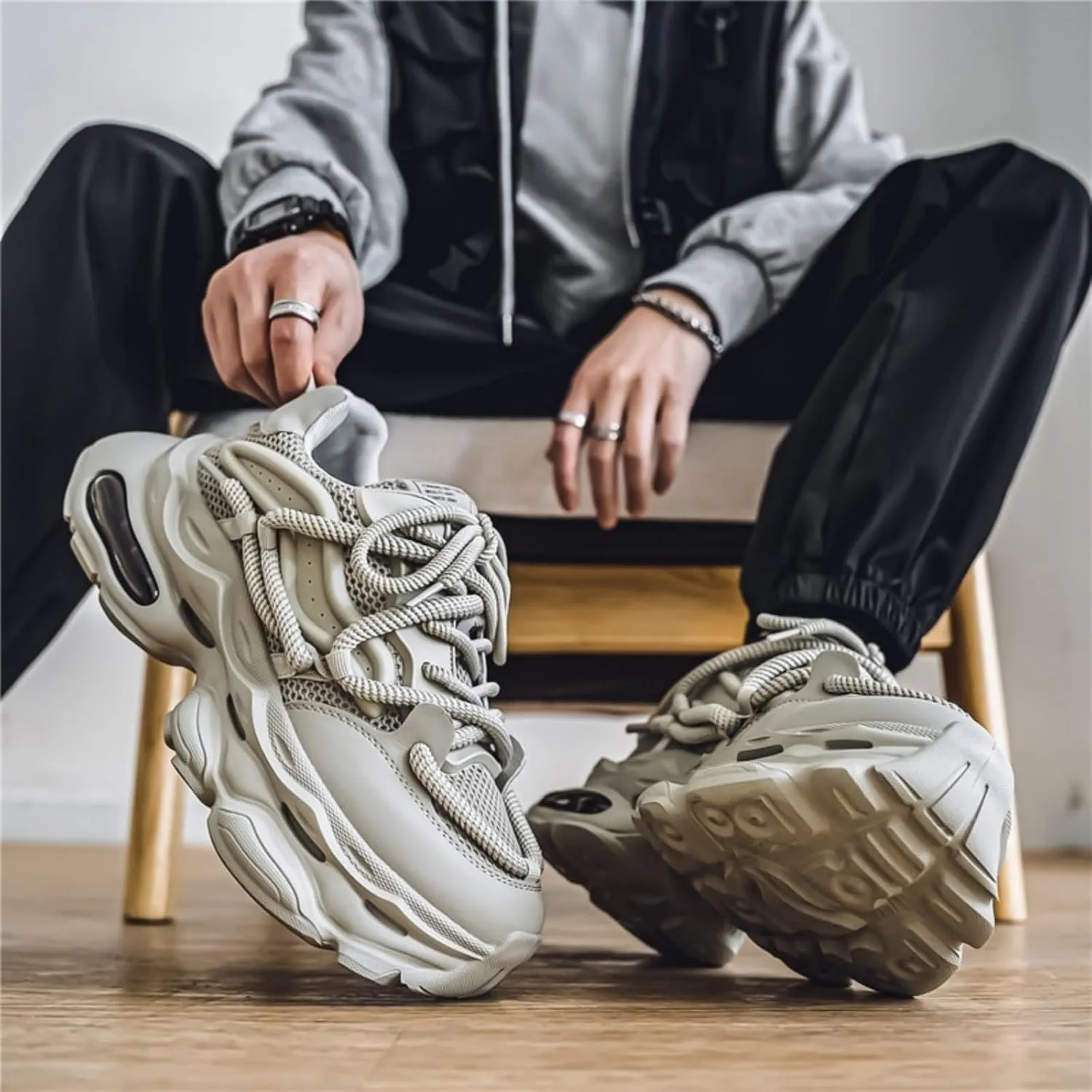 Men's Fashion Breathable Mesh Air Cushion Leather Lace Up Chunky Platform Sneakers Casual Non Slip Round Toe Driving Walking Tennis Running Dad Sneakers