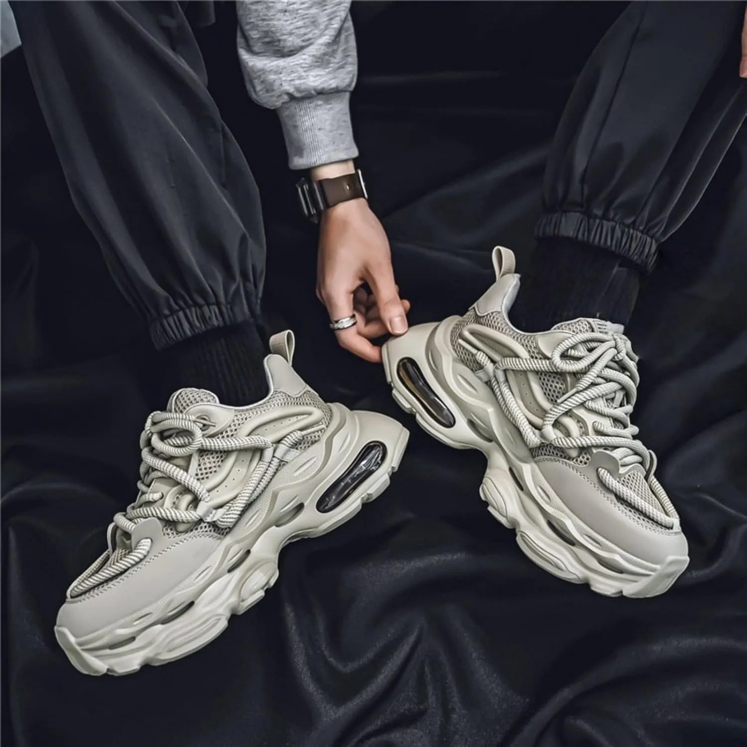Men's Fashion Breathable Mesh Air Cushion Leather Lace Up Chunky Platform Sneakers Casual Non Slip Round Toe Driving Walking Tennis Running Dad Sneakers