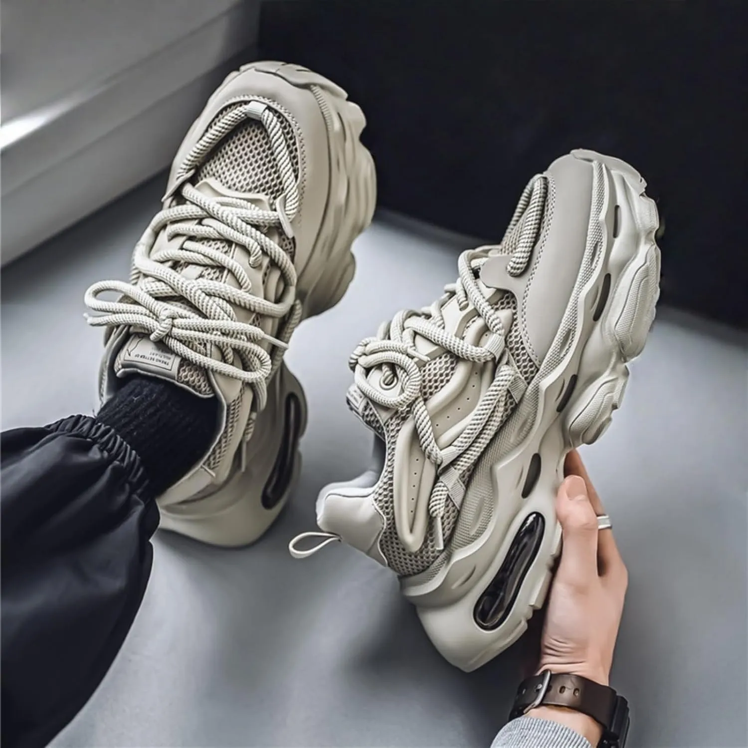 Men's Fashion Breathable Mesh Air Cushion Leather Lace Up Chunky Platform Sneakers Casual Non Slip Round Toe Driving Walking Tennis Running Dad Sneakers