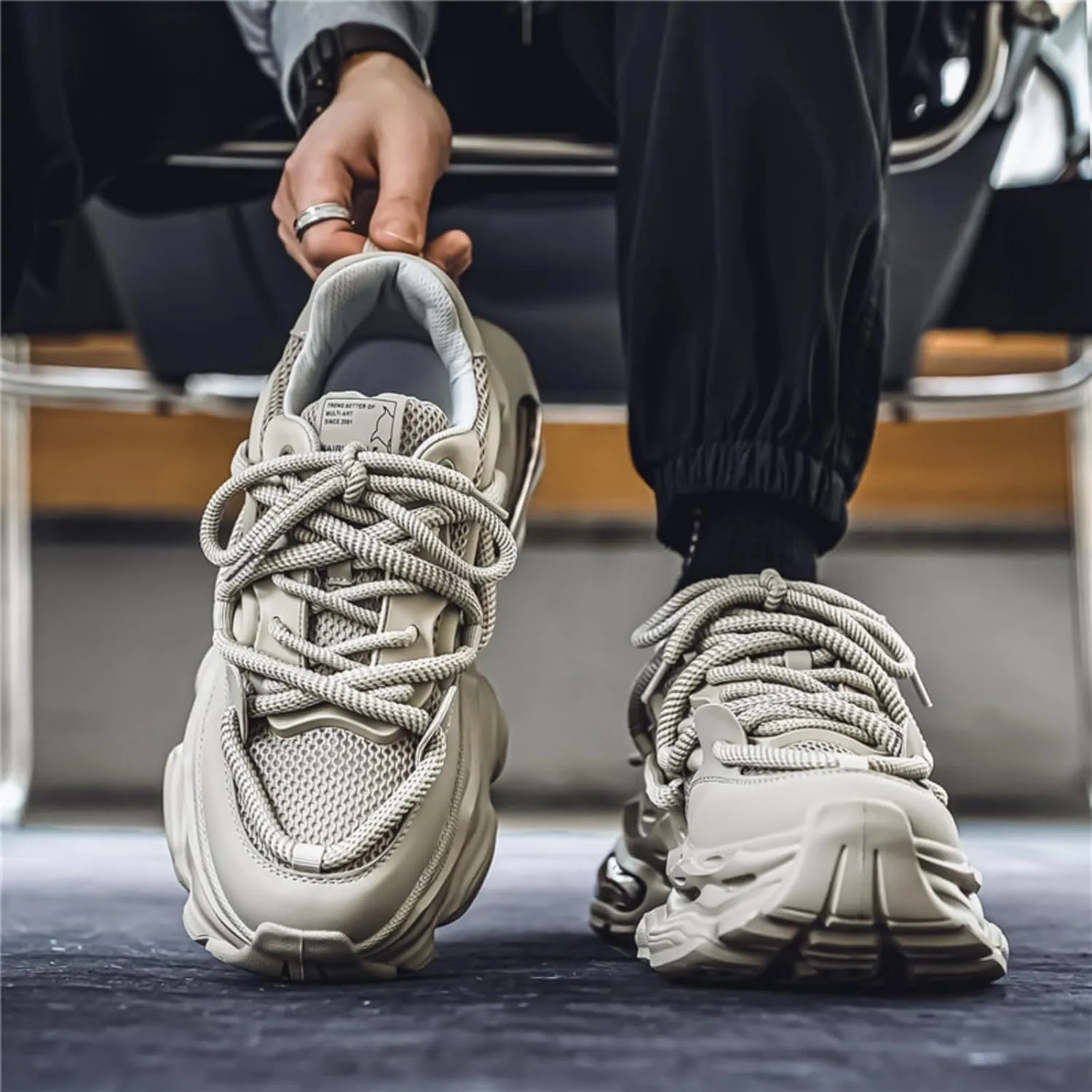 Men's Fashion Breathable Mesh Air Cushion Leather Lace Up Chunky Platform Sneakers Casual Non Slip Round Toe Driving Walking Tennis Running Dad Sneakers