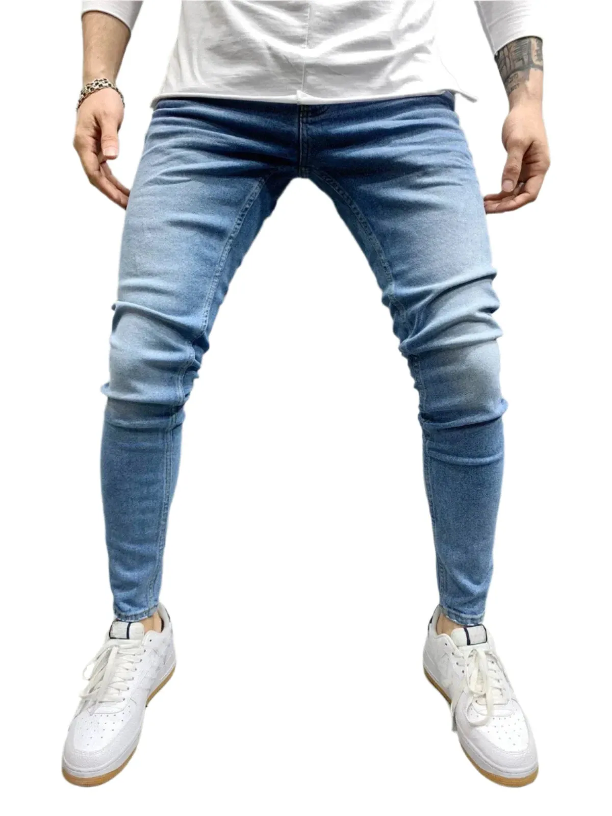 Men's Ripped Skinny Jeans - Vintage Wash Streetwear Slim Fit Denim Pants, Casual Solid Pencil Trousers, Hot Sale