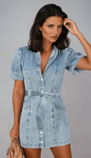Mia - Stylish puff sleeve denim button-up dress for effortless elegance