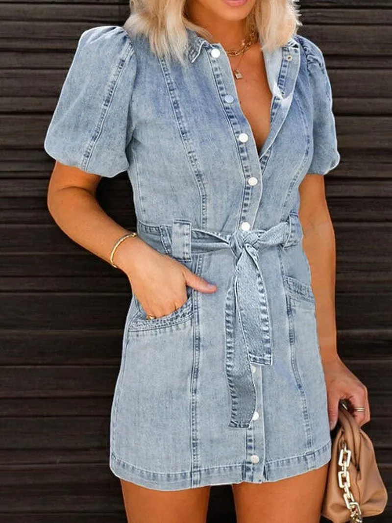 Mia - Stylish puff sleeve denim button-up dress for effortless elegance