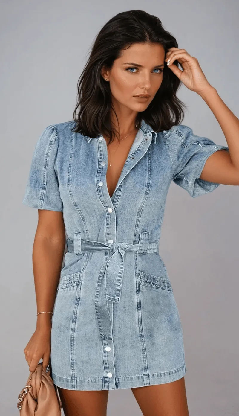Mia - Stylish puff sleeve denim button-up dress for effortless elegance
