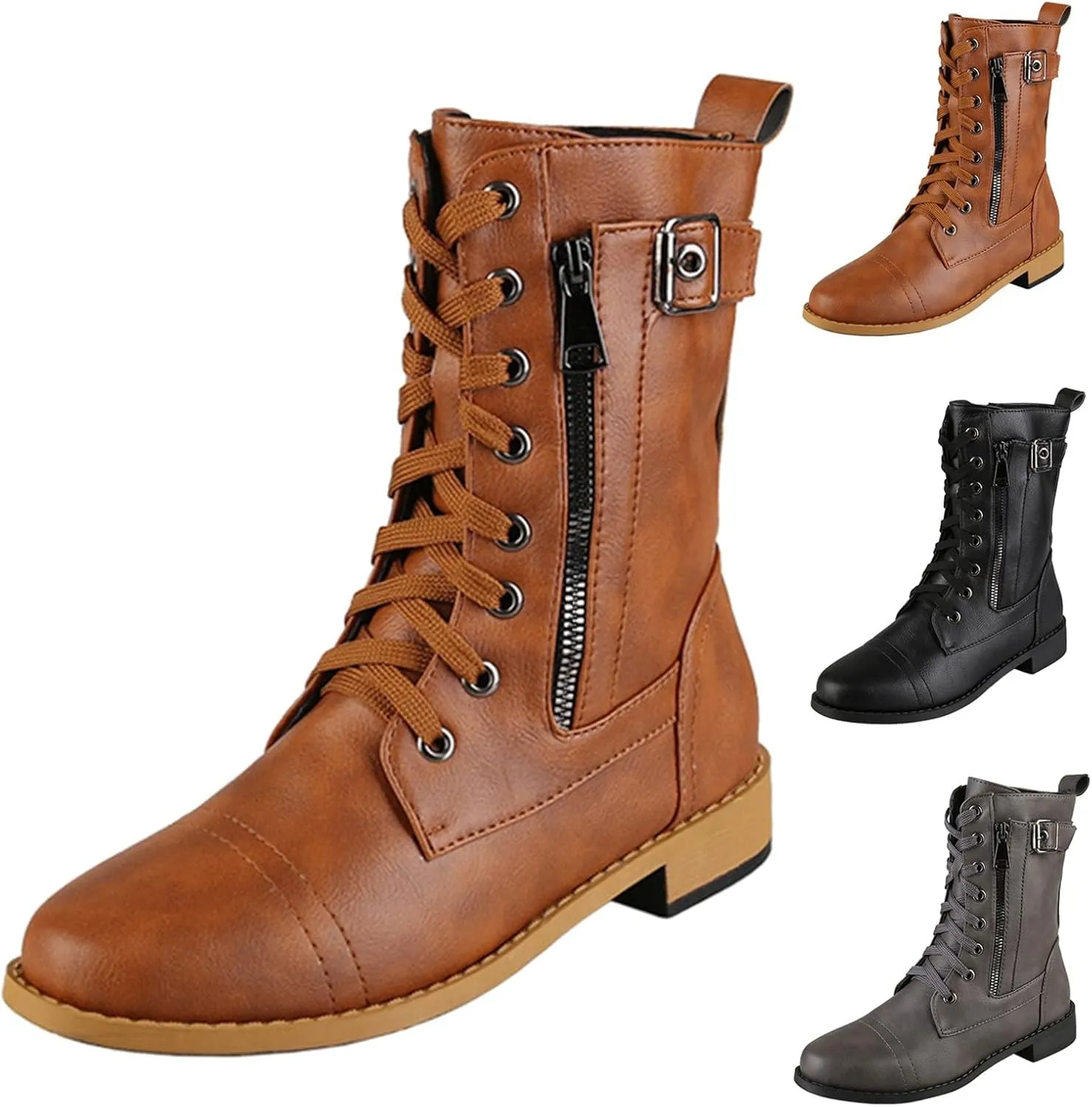 Platform Boots for Women Ankle Slip On Booties for Women Heeled Black Boots Non Slip Work Shoes Women Comfy Soft Cover Heel Lace-up Round Toe Comfortable Low Heel