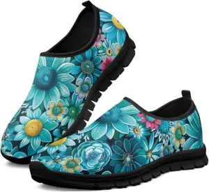 Platform Workout Tennis Loafers for Woman Mother Blue Flowers Comfort Casual Parks Shoes Breathable Soft EVA Non Slip Sneakers Size 11 Black Sole