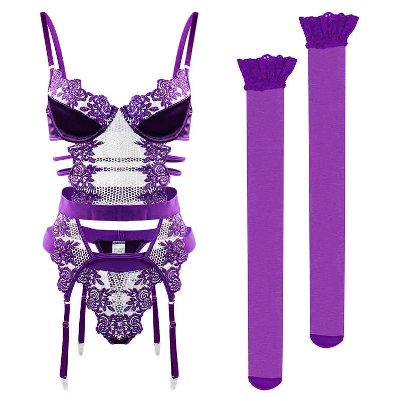 Regal Purple Satin Cutout Lingerie Set