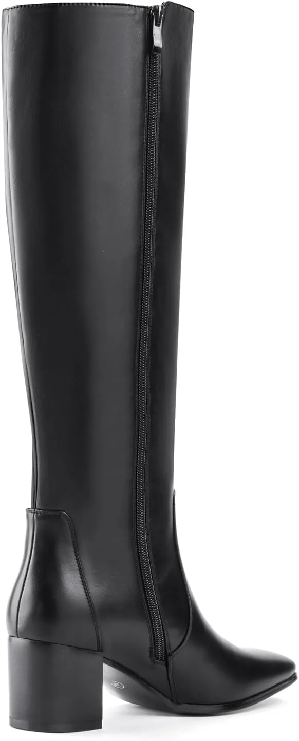 Shoe'N Tale Women's Knee High Boots Square Toe Tall Boots Mid Chunky Block Heeled Boots Side Zipper