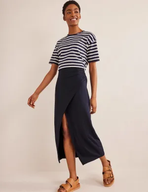 Side Split Jersey Midi Skirt-Navy