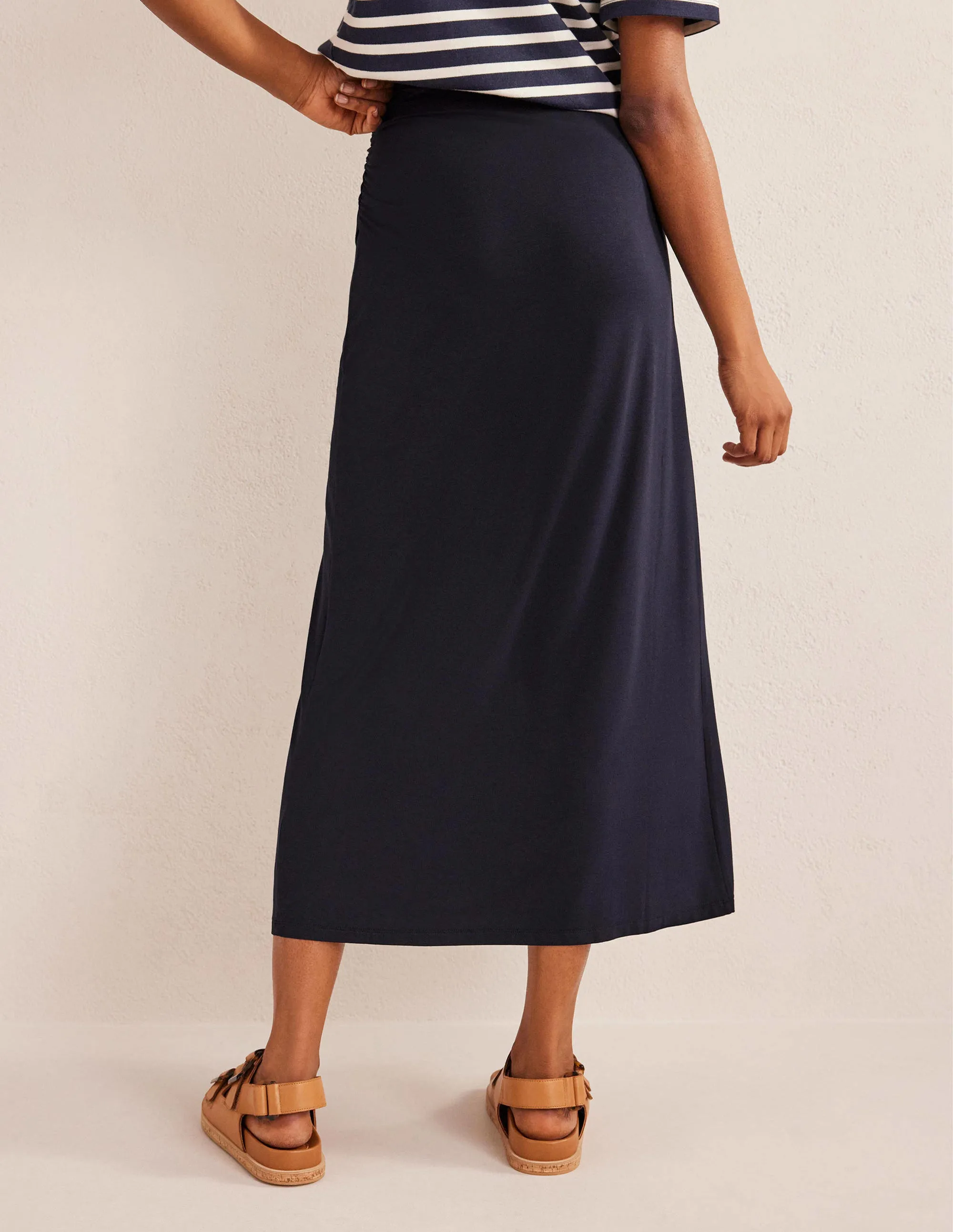 Side Split Jersey Midi Skirt-Navy