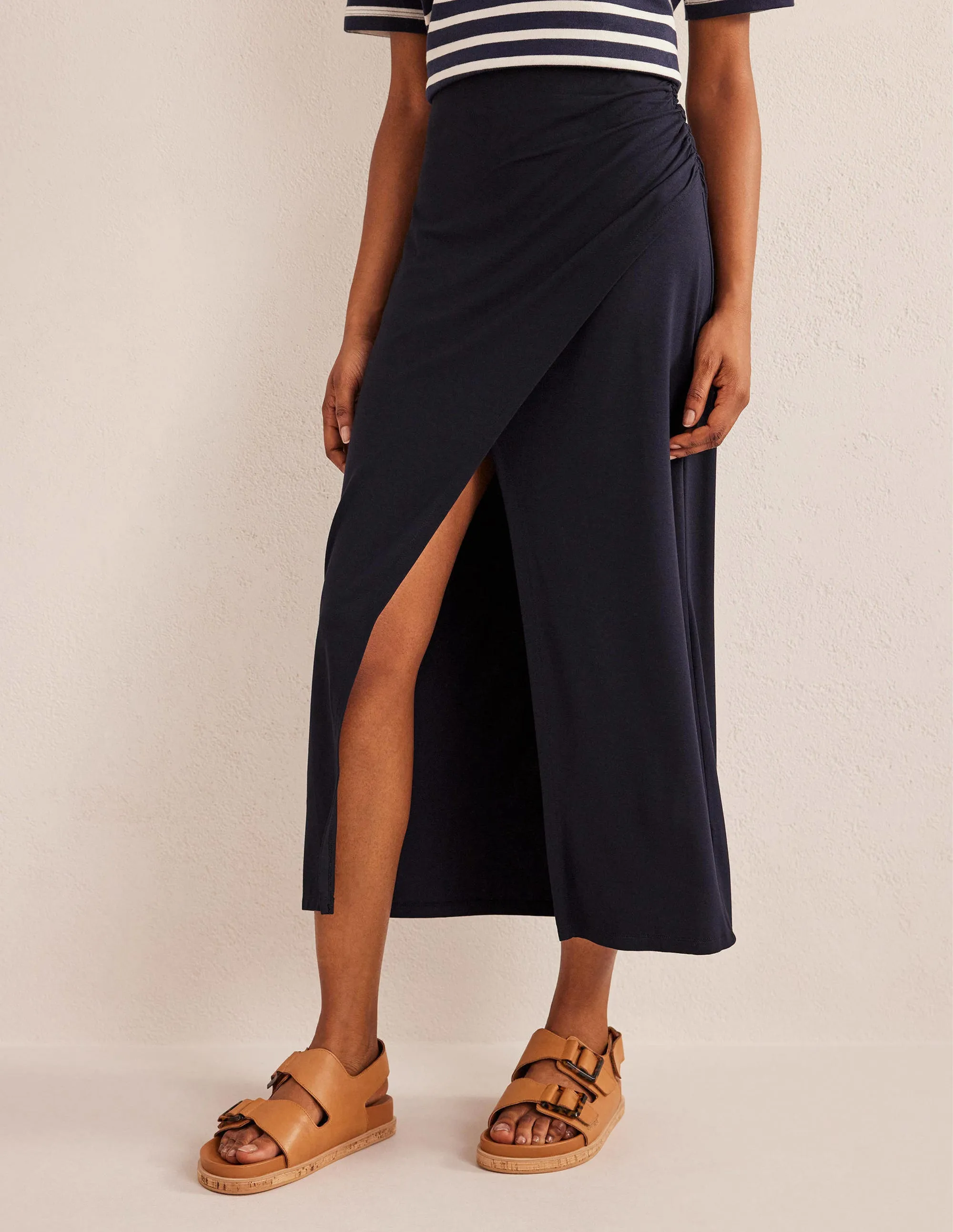 Side Split Jersey Midi Skirt-Navy