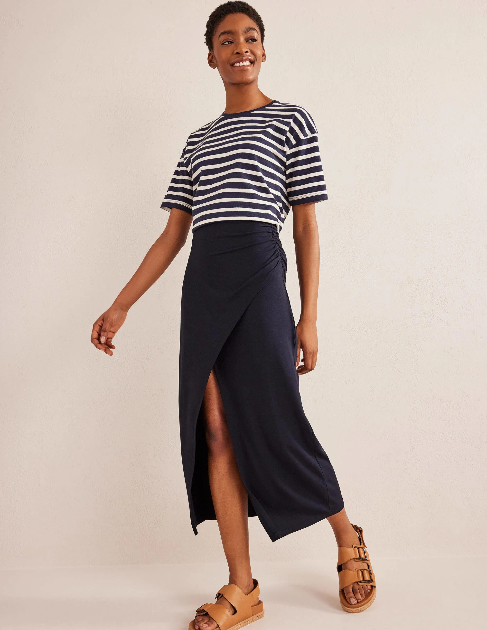 Side Split Jersey Midi Skirt-Navy
