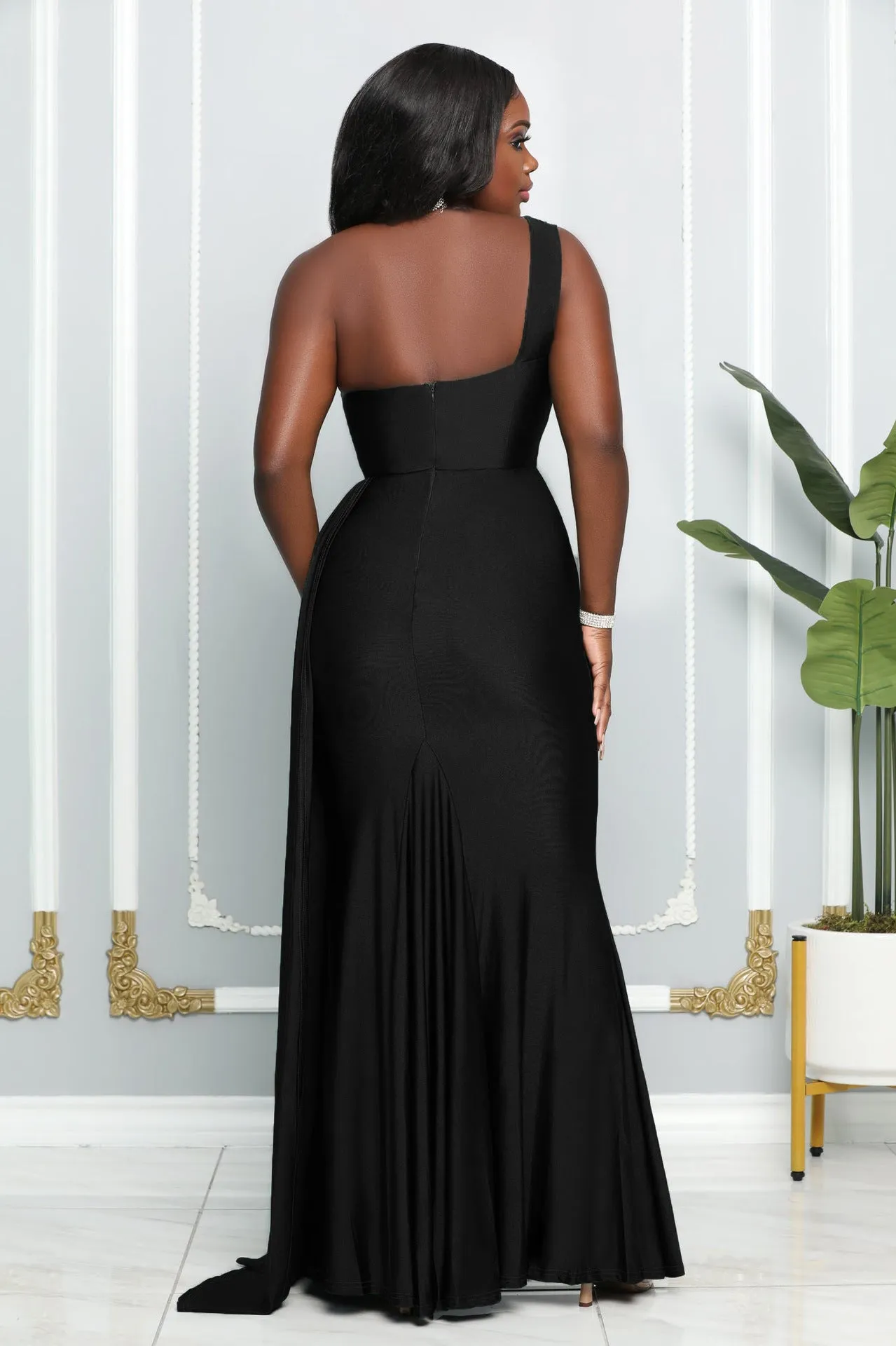 Sleeveless One Shoulder Sexy Tight High Waist Slit Elegant Evening Dress