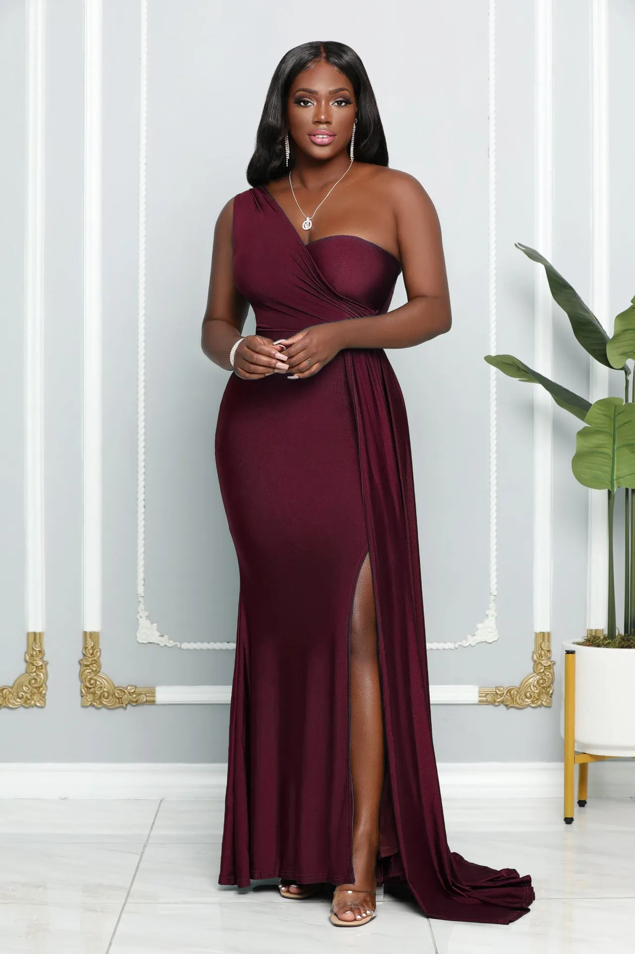 Sleeveless One Shoulder Sexy Tight High Waist Slit Elegant Evening Dress