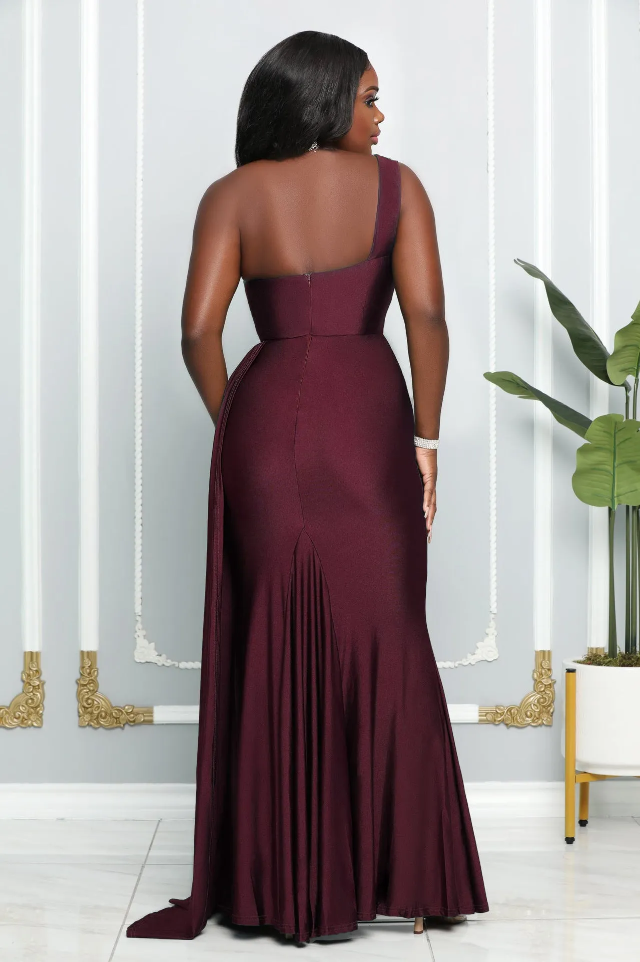 Sleeveless One Shoulder Sexy Tight High Waist Slit Elegant Evening Dress