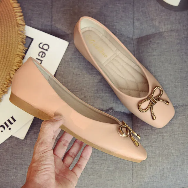 Spring Women Soft Leather Ballerina Flats Comfortable Green Pink Beige Ballet Flats Square Toe Korea