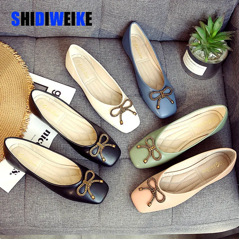Spring Women Soft Leather Ballerina Flats Comfortable Green Pink Beige Ballet Flats Square Toe Korea