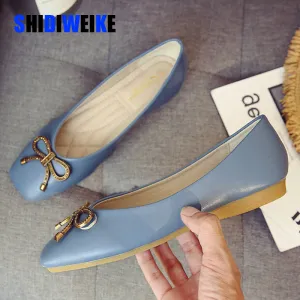 Spring Women Soft Leather Ballerina Flats Comfortable Green Pink Beige Ballet Flats Square Toe Korea