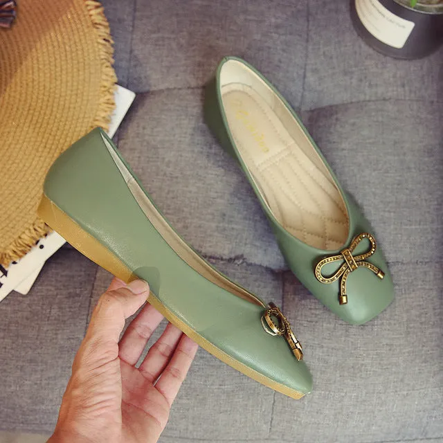 Spring Women Soft Leather Ballerina Flats Comfortable Green Pink Beige Ballet Flats Square Toe Korea