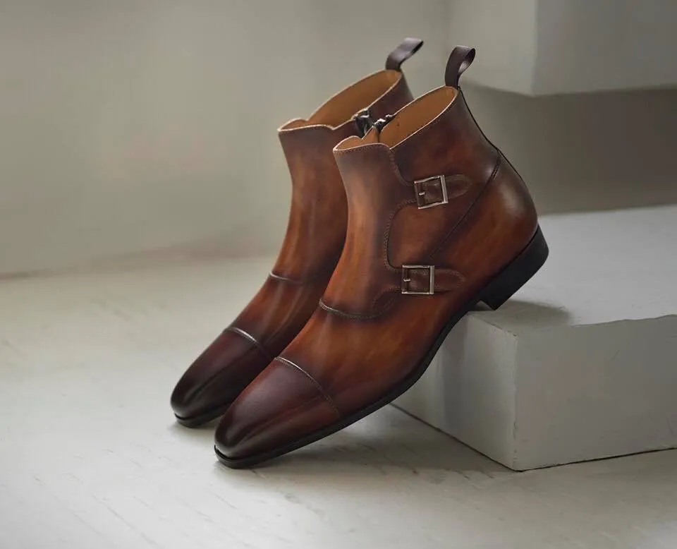 Tan Leather Eleazar Zipper Monk Strap Boots - SS23