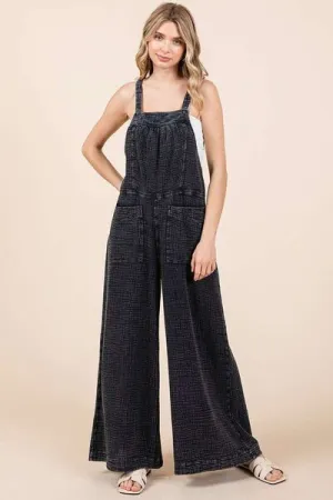 Textured Wide Leg Overalls in Black