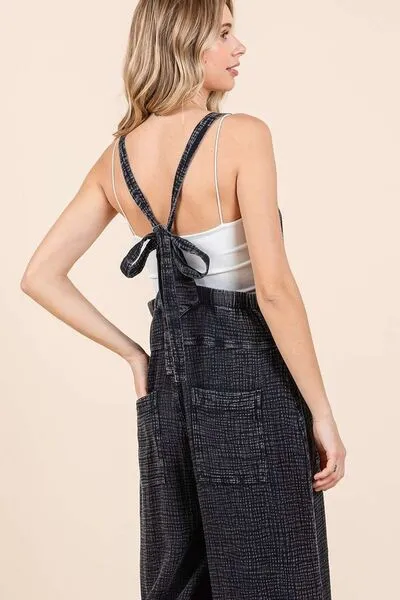 Textured Wide Leg Overalls in Black