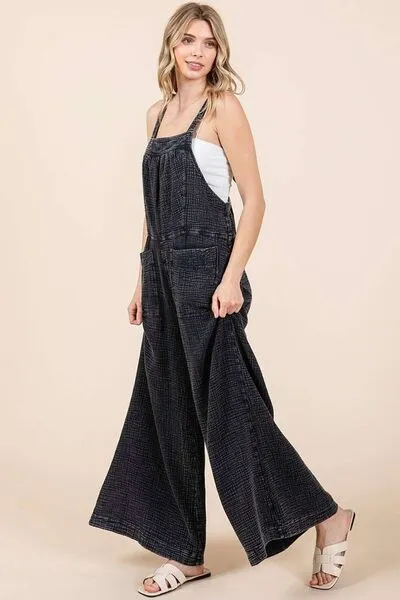 Textured Wide Leg Overalls in Black