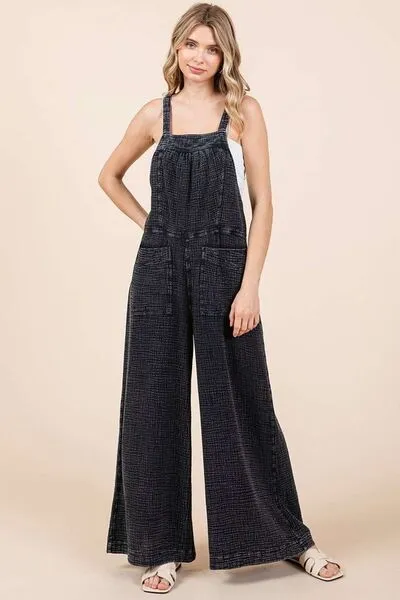 Textured Wide Leg Overalls in Black