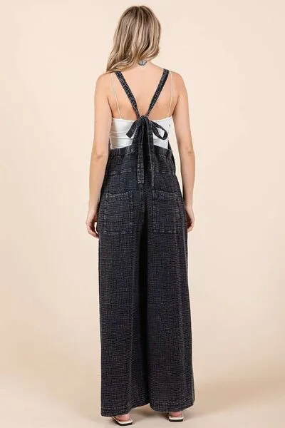 Textured Wide Leg Overalls in Black