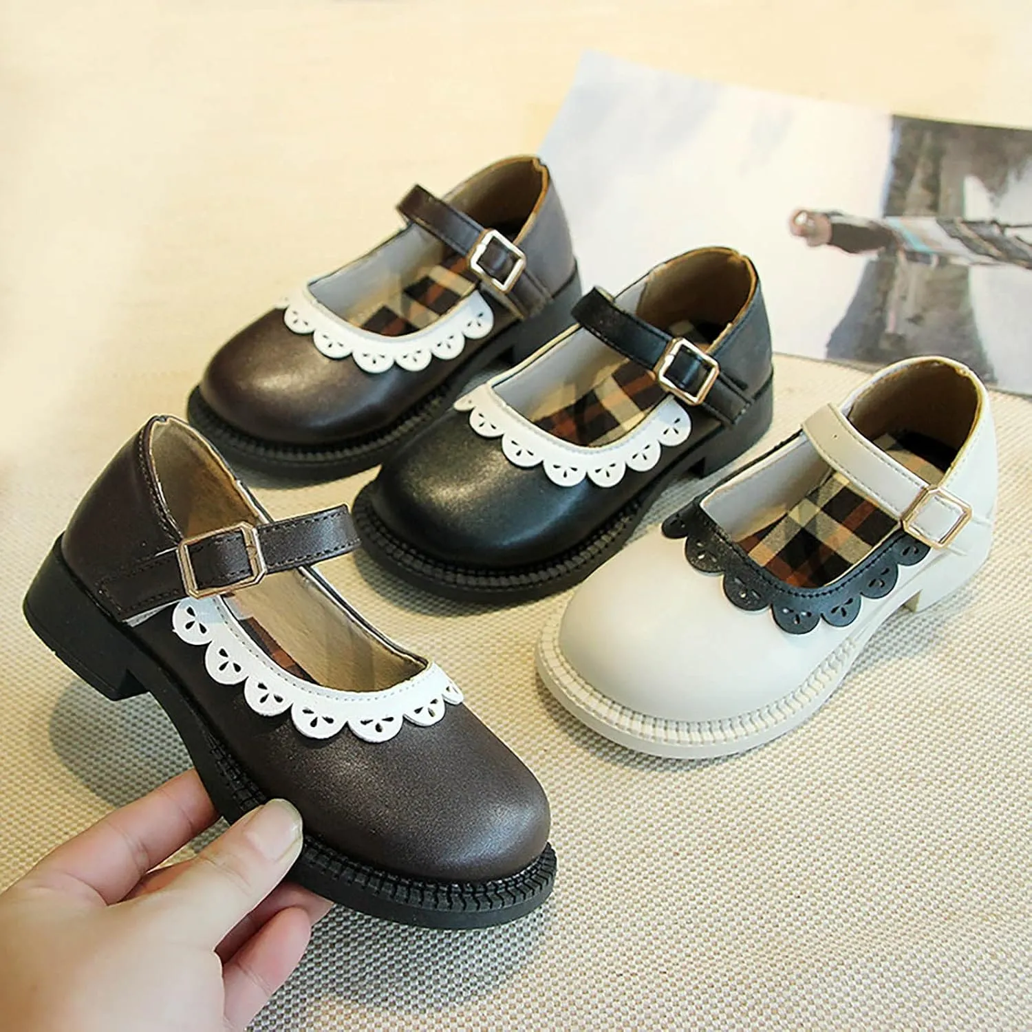 Toddler Little Girl's Ruffles Ankle Strap Mary Jane Flat, Vintage Cute Round Toe Leather niform School Shoes