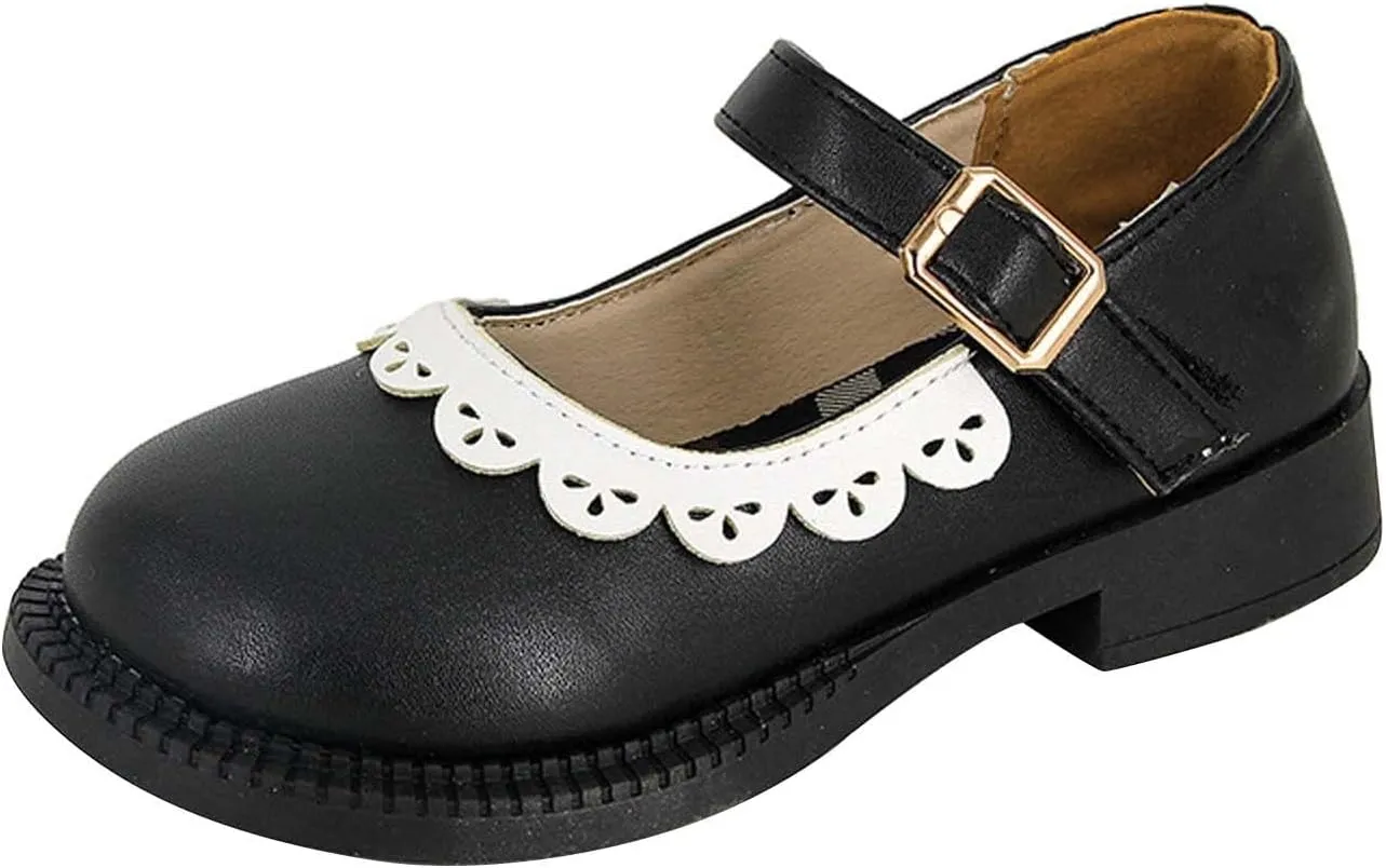 Toddler Little Girl's Ruffles Ankle Strap Mary Jane Flat, Vintage Cute Round Toe Leather niform School Shoes