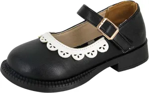 Toddler Little Girl's Ruffles Ankle Strap Mary Jane Flat, Vintage Cute Round Toe Leather niform School Shoes