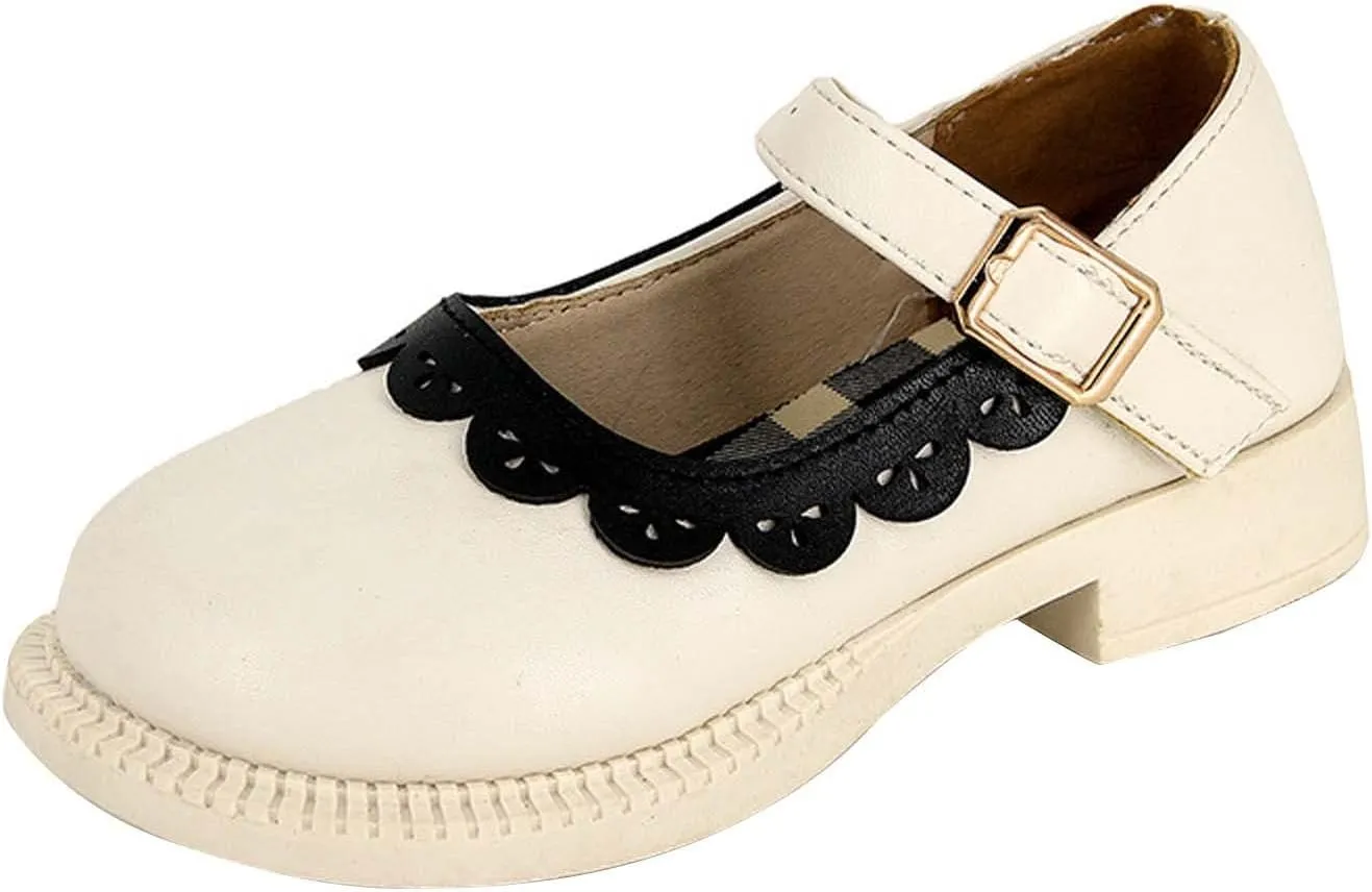 Toddler Little Girl's Ruffles Ankle Strap Mary Jane Flat, Vintage Cute Round Toe Leather niform School Shoes